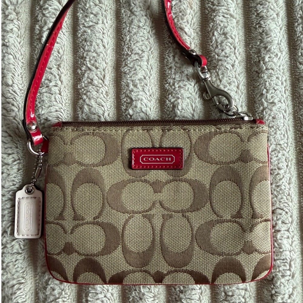Coach Signature Khaki Canvas Wristlet Red Patent Leather Trim Small Bag